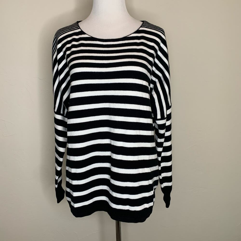 French Connection Black White Striped Sweater Sz Medium